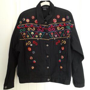 Vintage Carol Little Denim Jacket with Beads and Embroidery Black Size 10